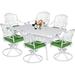 MEETWARM 7-Piece Outdoor Patio Dining Set All-Weather Cast Aluminum Patio Conversation Set for Backyard Garden Deck with 6 Cushioned Swivel Rocker Chairs 1 Rectangular Table 2 Umbrella Hole White
