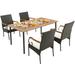 Costway 5PCS Patio Wicker Dining Set Armchairs Acacia Wood Table with Detachable Cushions & Umbrella Hole