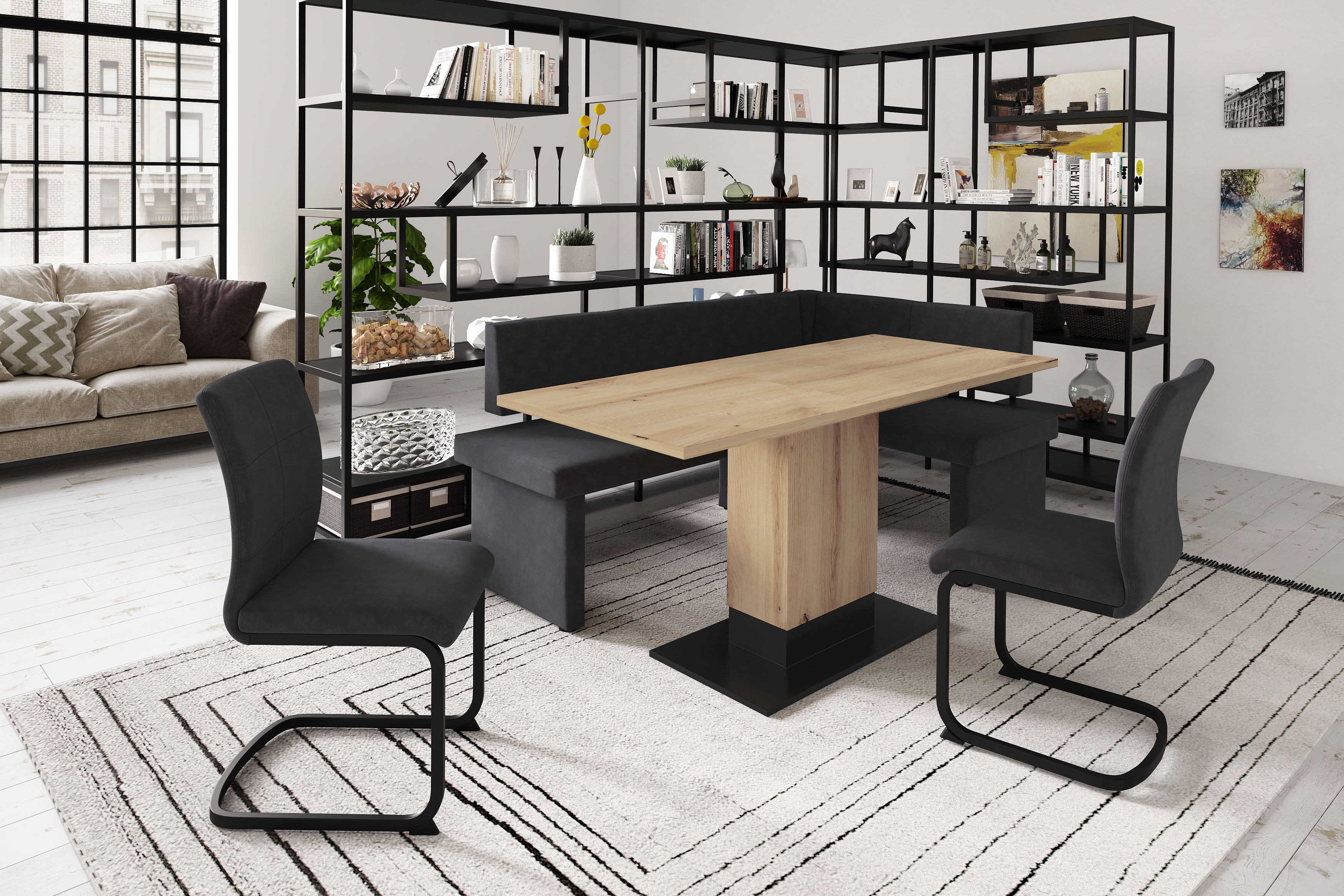 Eckbankgruppe HELA "Pia", schwarz (anthrazit, artisan,), Microfaser, Einlegeplatte, Eckbank, Tisch, 2 Stühle, Spanplatte, Sitzmöbel-Sets, Esstisch ausziehbar, Bank links/rechts montierbar