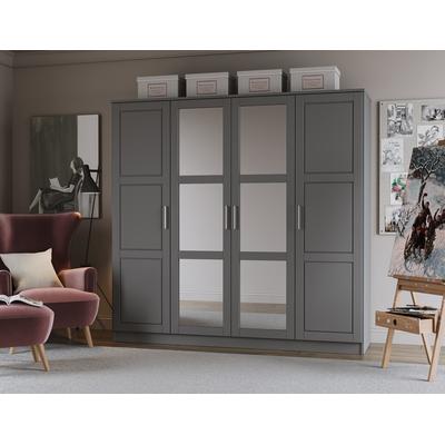 100% Solid Wood Cosmo 4-Door Wardrobe with Mirrored Doors, Gray. No Shelves Included - Palace Imports 7305M
