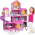 Hot Bee Doll House for Girls, Large Dolls House Furniture Pink/Purple Girl Toys, 4 Stories, 11 Rooms with 2 Princesses, Slide, Lights, Gifts for 3 4 5 6 7 8 9 Year Old Girls