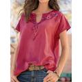 Women V-neck Floral Embroidered Boho Short Sleeve Tops, Red / L