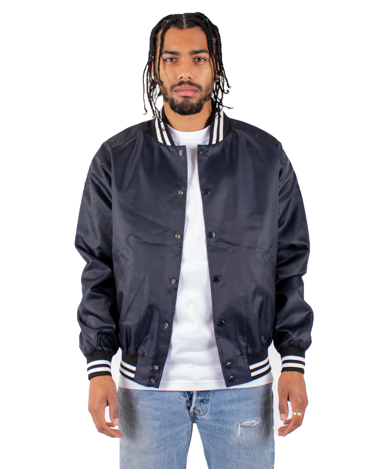 Shaka Wear SHVBJ Men's Varsity Bomber Jacket in Navy Blue size Small