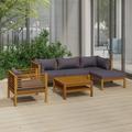 Dcenta 6 Piece Patio Lounge Set with Dark Gray Cushions Acacia Wood Middle Sofa with 2 Corner Sofas Footrest Table Armchair Outdoor Conversation Set for Garden Lawn Courtyard
