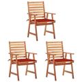 Dcenta Set of 3 Garden Chairs with Red Cushion Acacia Wood Patio Dining Chair for Balcony Terrace Outdoor Furniture 22in x 24.4in x 36.2in