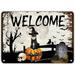 Happy Halloween Welcome Tin Sign Pumpkin Witch Cat Moon Graveyard Metal Tin Sign Funny Tiered Tray Tin Art Sign Decor for Party Graduation Birthday Garden 10x14in