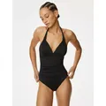 M&S Womens Padded Ruched Halterneck Plunge Swimsuit - 16 - Black, Black