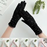 Anvazise Floral Print Anti-slip Palm Driving Gloves Full Finger Lace Stitching Wrist Extended Girls Outdoor Riding Sunscreen Mittens Cycling Accessories Black 1 Pair