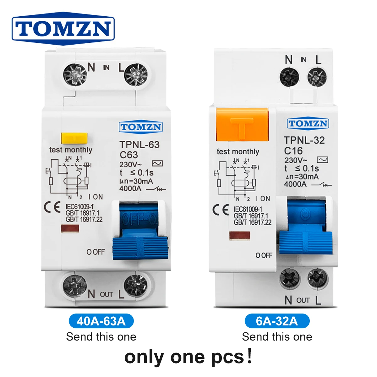 TOMZN TPNL DPNL 230V 1P+N Fehlerstrom-Schutzschalter mit Über- und Kurzstrom-Leckageschutz RCBO MCB Image