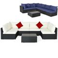 Costway 7 Pieces Sectional Wicker Furniture Sofa Set with Tempered Glass Top-White & Navy