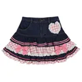 2024 Sweet Lolita Mini Denim Skirts Women Gothic Lace Plaid Hearts Ruffles Jk Skirt Japanese Girls