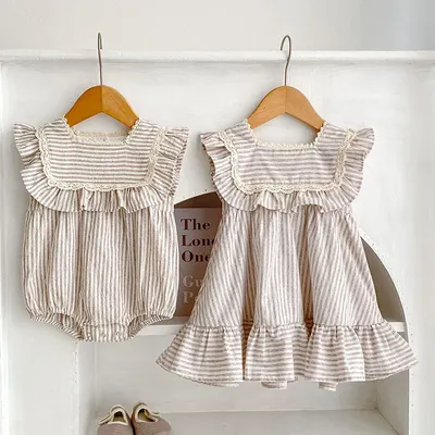 Fashion Baby Girls Clothes Girls Dress Striped Lace Summer New Baby Girl Romper Sister Matching