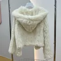 Real Rabbit Fur Hooded Coat Long Sleeve Women Casual Loose Knitted Genuine Fur Jacket With Hood