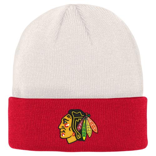 Cremefarbene/rote Chicago Blackhawks Logo-Strickmütze für Jugendliche