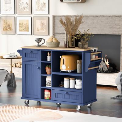 Kitchen Island Cart with Storage Cabinet and Two Locking Wheels,Solid wood desktop,Microwave cabinet