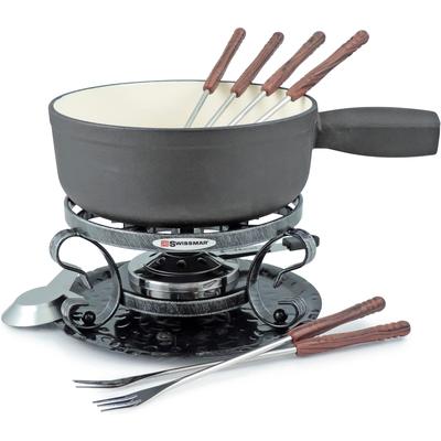 Fondue SWISSMAR "Lugano", schwarz, B:23cm H:18cm T:30cm, Fondues, Gusseisen, 9-teilig, inkl. 6 Fonduegabeln