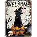 Halloween Welcome Aluminum Sign Witch Cat Moon Spider Web Bat Tin Aluminum Sign Shabby Horror Bloody Metal Plaque Tin Sign Decor for Home Gate Garden Bars Restaurants 12x8in