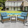 3 Piece Patio Rocking Bistro Set PE Rattan Rocking Chairs Set of 2 and Steel Side Table Outdoor Furniture Conversation Set with Cushion for Patio Lawn Garden Cafe Pub