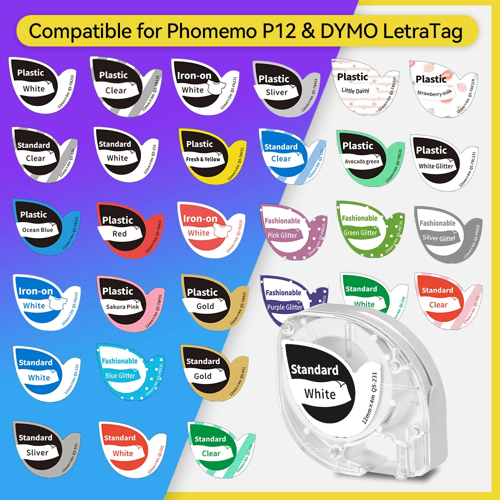 Phomemo P12/P12PRO Etikettenband, 12 mm, weiß, kompatibel mit DYMO Letratag Etikettendrucker, 4 m, hitzebeständiges, selbstklebendes Kleidungsetikett Image