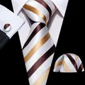 Fashion Khaki Striped Men Silk Necktie Fahsion Tie Handkerchief Cufflinks Sets Male Wedding Business