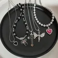 Vintage Pearl Love Butterfly Spider Pendant Choker Necklace For Men Women Gothic Hip Hop Cross Moon