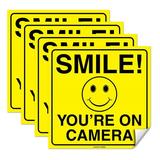 (Set of 4) Smile You re On Camera Sticker - 6 x 6 - Durable Self Adhesive 4 Mil Vinyl - Laminated - Fade & Scratch Resistant - Waterproof - Private Property No Trespassing Security Sign