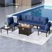 ALAULM 8 Piece Aluminum Patio Furniture Set with 45 Propane Gas Fire Pit Table Outdoor Conversation Sectional Sofa Set with Coffee Table Navy Blue