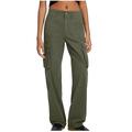 RYRJJ Women Straight Fit Cargo Pants High Waist Baggy Outdoor Hiking Pants with Flap Pocket Wide Leg Parachute Pants(Green M)