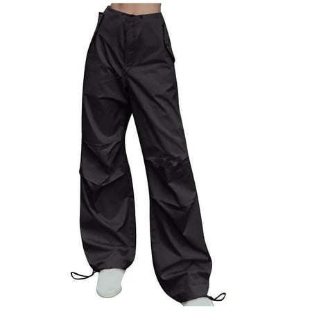 RYRJJ Baggy Parachute Pants for Women Drawstring Elastic Low Waist Ruched Cargo Pants Multiple Pockets Jogger Y2K Streetwear Pants(02#Black M)