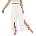 RYRJJ Chiffon Wide Leg Dress Pants for Women Flowy Palazzo Pants Casual Split High Waisted Summer Beach Cropped Trousers with Pocket(White XL)