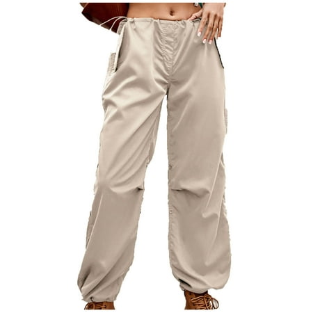 RYRJJ Baggy Parachute Pants for Women Drawstring Elastic Low Waist Ruched Cargo Pants Multiple Pockets Jogger Y2K Streetwear Pants(Khaki XXL)