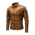 Solid Color Stand Collar Long Sleeves Pockets Zipper Placket Men Jacket Autumn Winter Fleece Lining Faux Leather Motorcycle Windbreaker