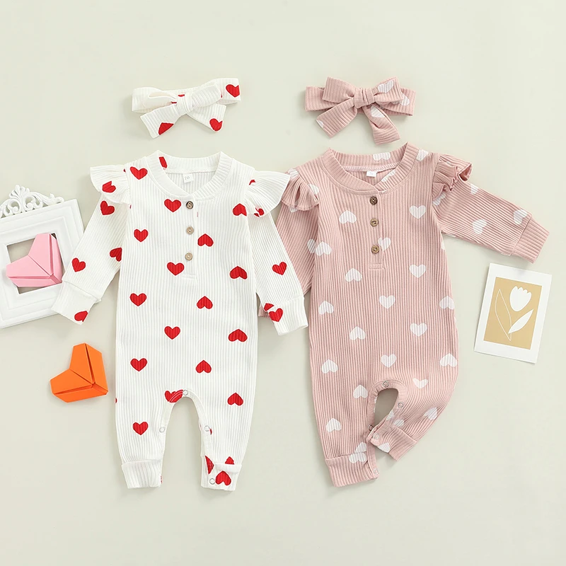 Barboteuse de saint-valentin pour nouveau-né fille de 0 à 18 mois, body côtelé à volants, combinaison en forme de cœur avec bandeau, tenues de saint-valentin
