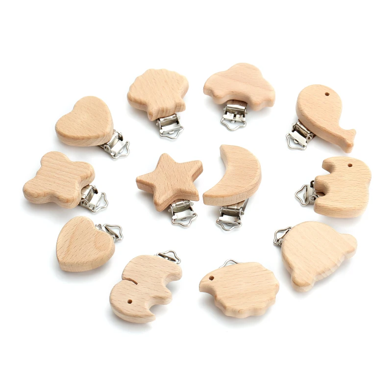 Attache-sucette en bois de hêtre, 5 pièces, Animal naturel, Clip factice, bricolage, chaîne de sucette pour bébé, anneau de dentition, jouets, accessoires sans BPA