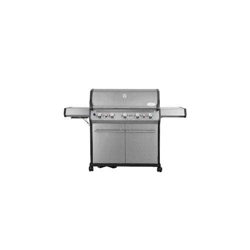 SANTOS Gasgrill S-518 mit 5 Hauptbrenner, Infrarotseitenbrenner & Heckbrenner | inkl. Drehspieß, Rostheber & Silikonablage | Silber