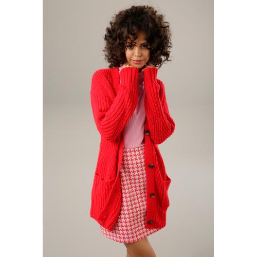 Strickjacke ANISTON CASUAL Gr. 42, rot Damen Strickjacken mit kunstvollem Strickmuster