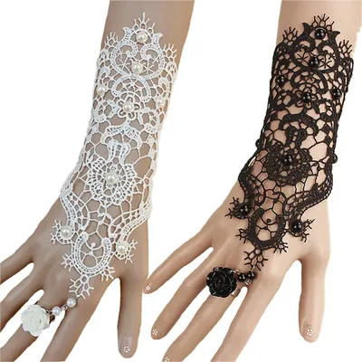 2 farben Frauen Rose Perlen Blume Spitze Handschuh Goth Stil Einstellbar Mit Ring Lange Armband