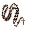 Braun Perlen Rosenkranz Halskette Katholischen Kreuz Religiöse Lange Kette Handmade