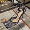 Eilyken Grün Gelb Kristall Frauen Pumpen Karree Fishnet Hohl Knöchel Kreuz-Gebunden High Heel Strass Sandalen Dame Kleid schuh