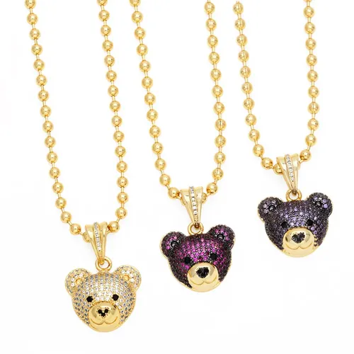 Flola niedlichen Fuchsia Kristall Bären kopf Halsketten für Frauen vergoldete Perlenkette Teddybär