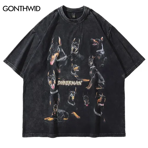 Overs ize Distressed T-Shirts Hip Hop Vintage Dobermann Hunde druck Punk Rock Gothic T-Shirt