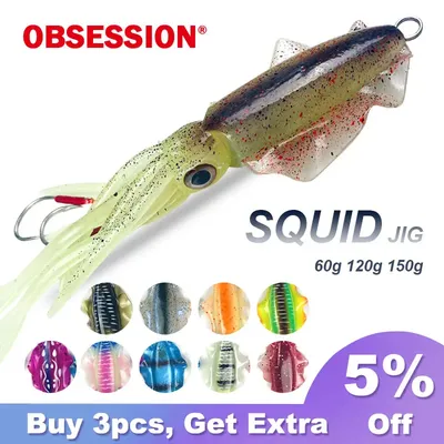 OBSESSION 60g120g150g Silikon Weiche Künstliche Rubber Luminous UV Tintenfisch Jig Angeln Lockt Für