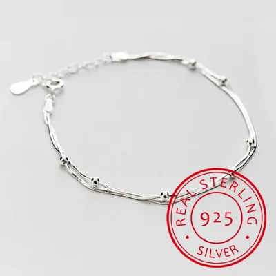 100% 925 Sterling Silber Doppel Runde Perlen Schlange Knochen Kette Armbänder & Armreifen Für Frauen