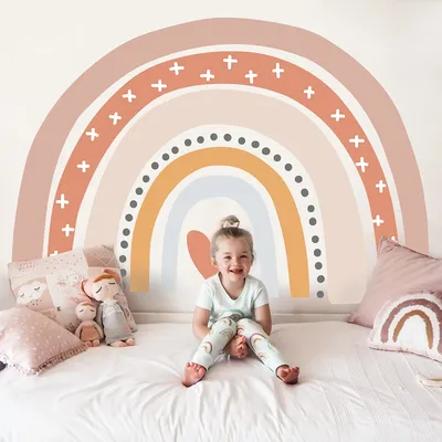 Boho großer Regenbogen beige rosa Aquarell Wandaufkleber Vinyl DIY abnehmbare Wandtattoos Image