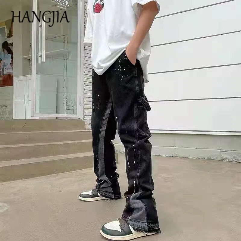 Männer Vintage Streetwear Ausgestellte Jeans Hosen Hip Hop Breite Bein Jean Overalls Modische Retro Patchwork Tinte Spritzen