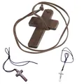 Retro Männer Frauen Halskette mit Braun/Schwarz Seil Kreuz Anhänger Christian Religiöse Natürliche