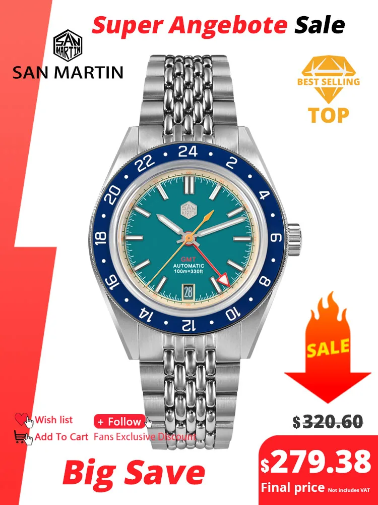 San Martin Original Design Mode GMT 39,5mm Männer Sportuhr Japan NH34 Automatische Mechanische Wasserdicht 100m SN0116 Reloj Image