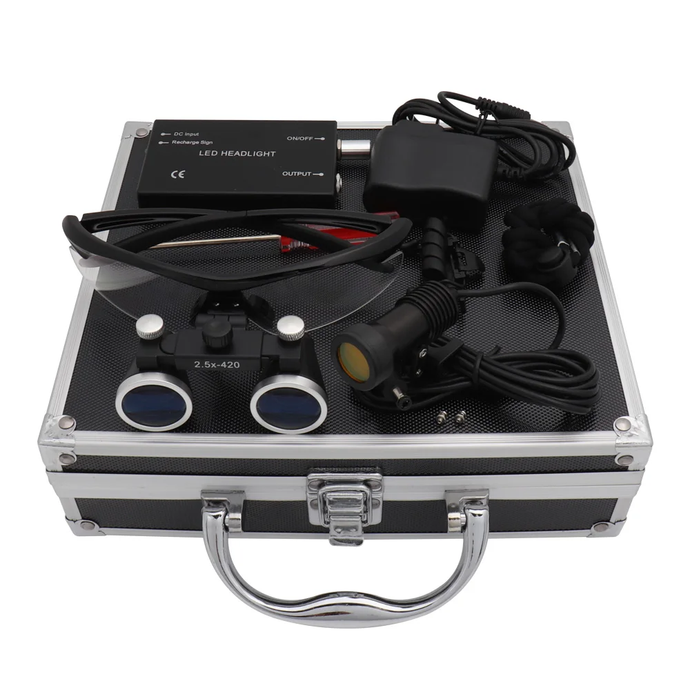 Dental Dental Lupen Lupen Lupe Dental Labor Medizinische Lupen Vergrößerung Fernglas 2.5/3,5 x420 Scheinwerfer Scheinwerfer 5W Set Metall box Image