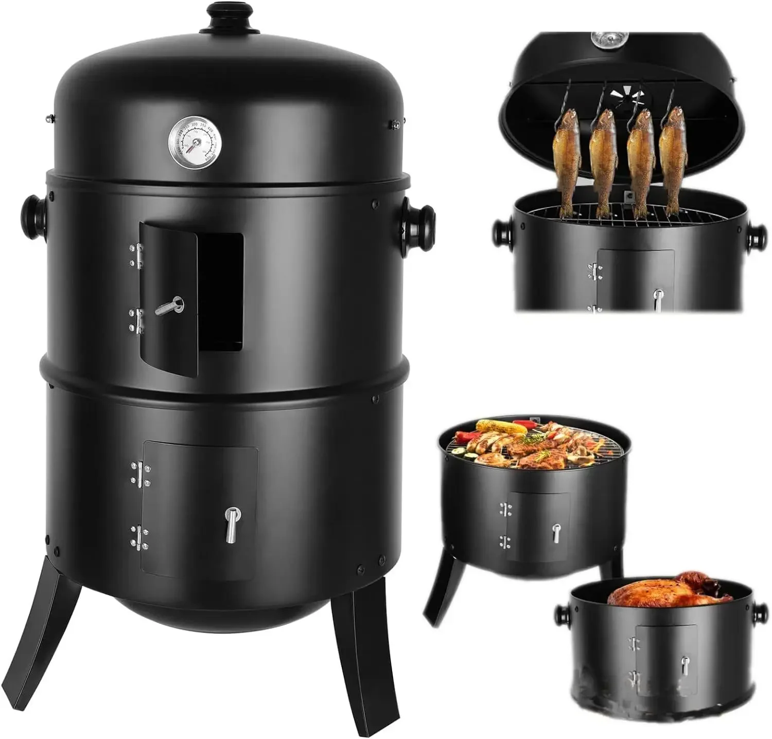 3in1 vertikaler Ø45cm Holzkohle-BBQ-Räucherofen, robuster runder Rauchgrill, Grill-Räucherofen für Kochen im Freien, Thermometer Image