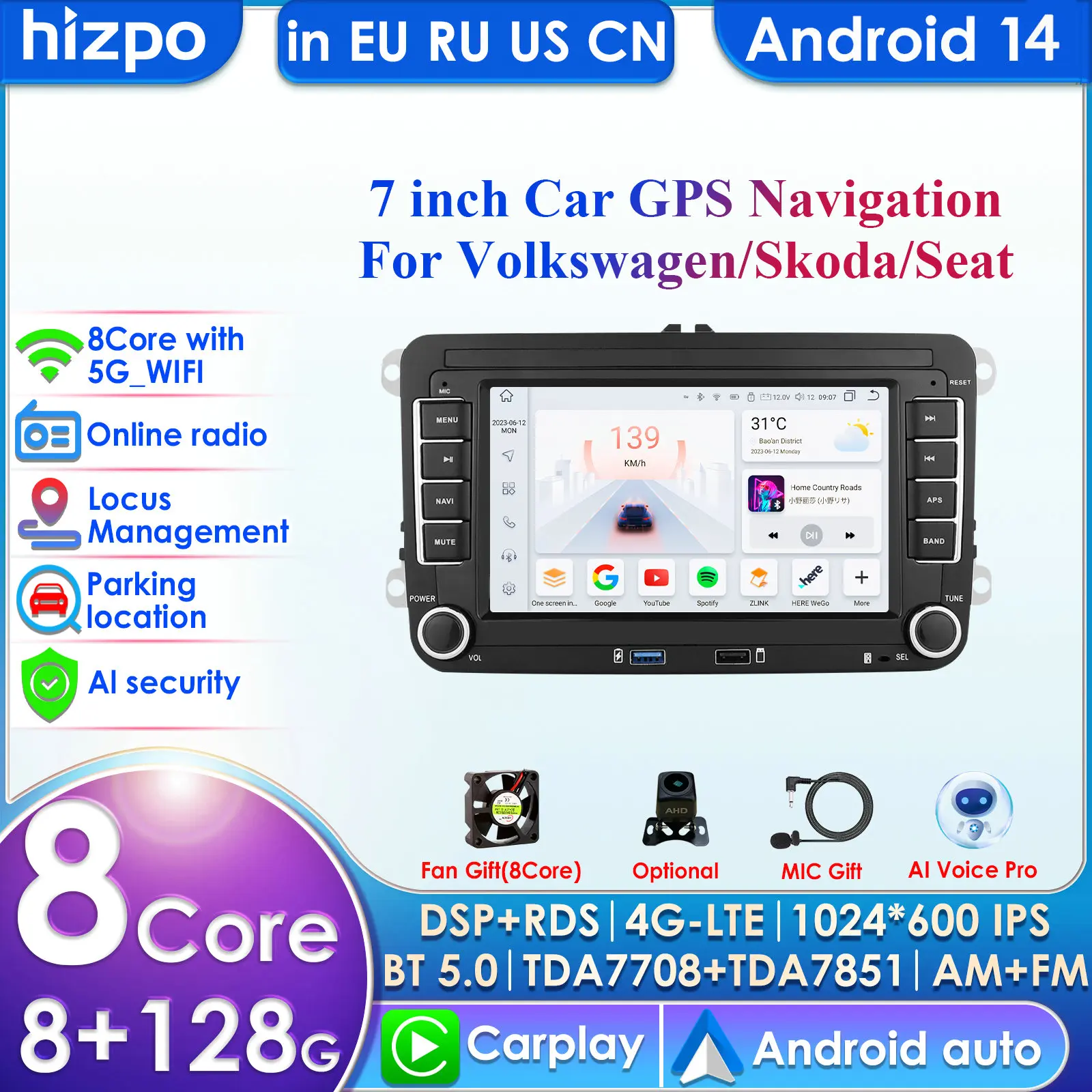 Carplay 4G + WIFI 2 Din Android Auto Multimedia Player für VW Volkswagen Skoda Octavia Golf 5 6 Touran Passat B6 Polo Jetta MK5 MK6 Image